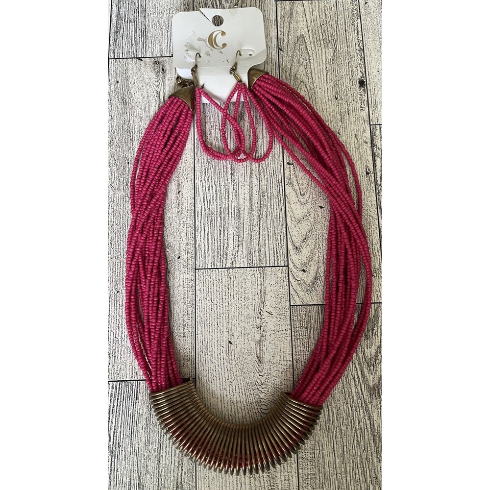 Charming Charlie Hot Pink Bronze Tone Seed Bead Layered Necklace Earrings Set